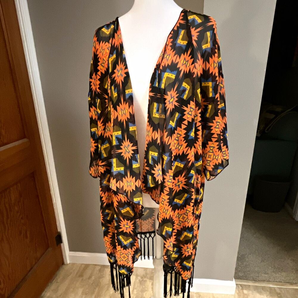 LuLaRoe Women's Western Aztec Geometric Fringe Monroe Kimono Black Orange Size L